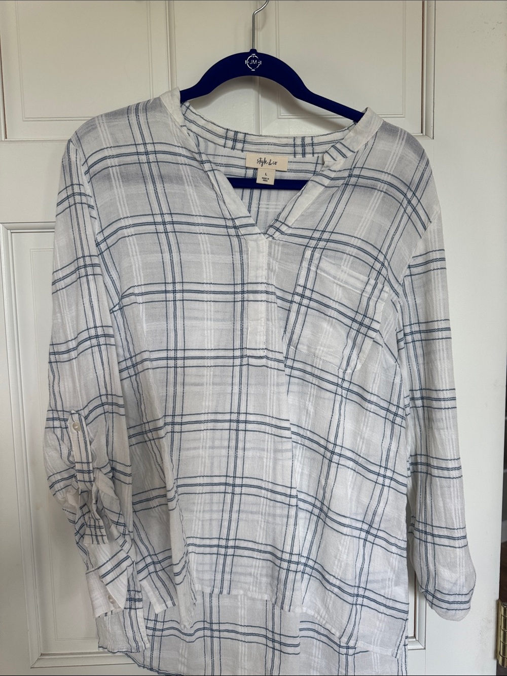 Style & Co. White and Blue Plaid Casual Button-Down Shirt